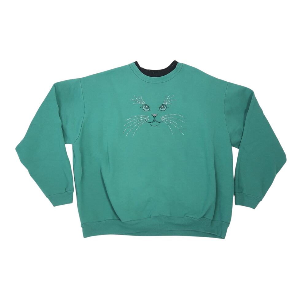 Vintage 90s Dark Green Rhinestone Gem Cat Face Crewneck Sweatshirt XL